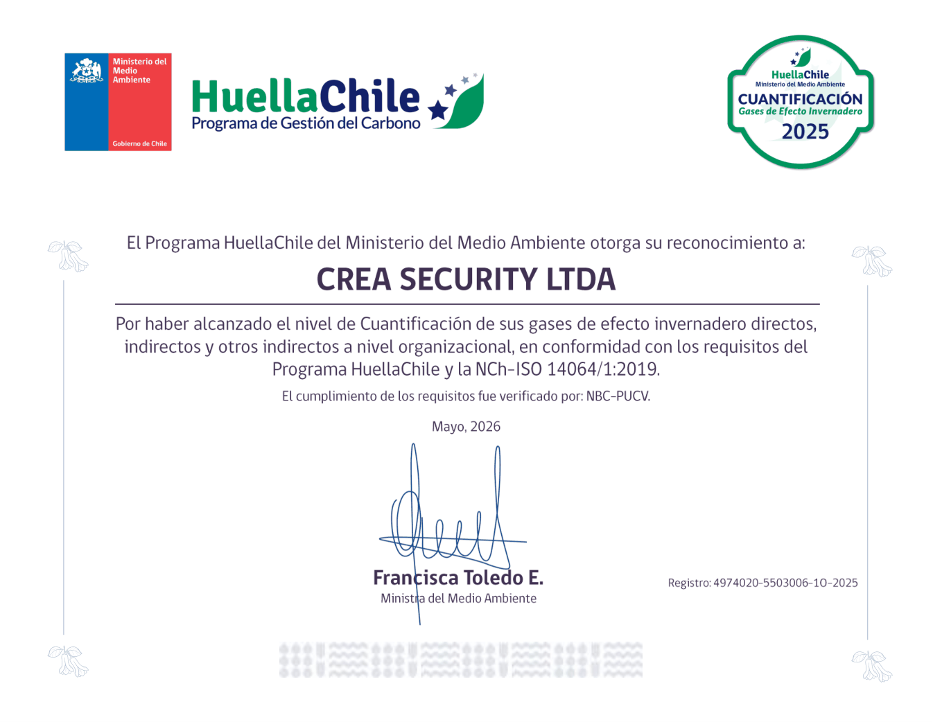 Diploma HuellaChile del Ministerio del Medio Ambiente, nivel Cuantificación 2025, otorgado a CREA SECURITY LTDA